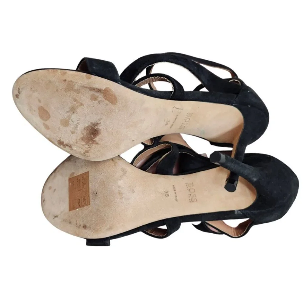 BOSS Hugo Boos GRACE Black Suede Strappy Stiletto Sandals Heels Sze EU38/7.5